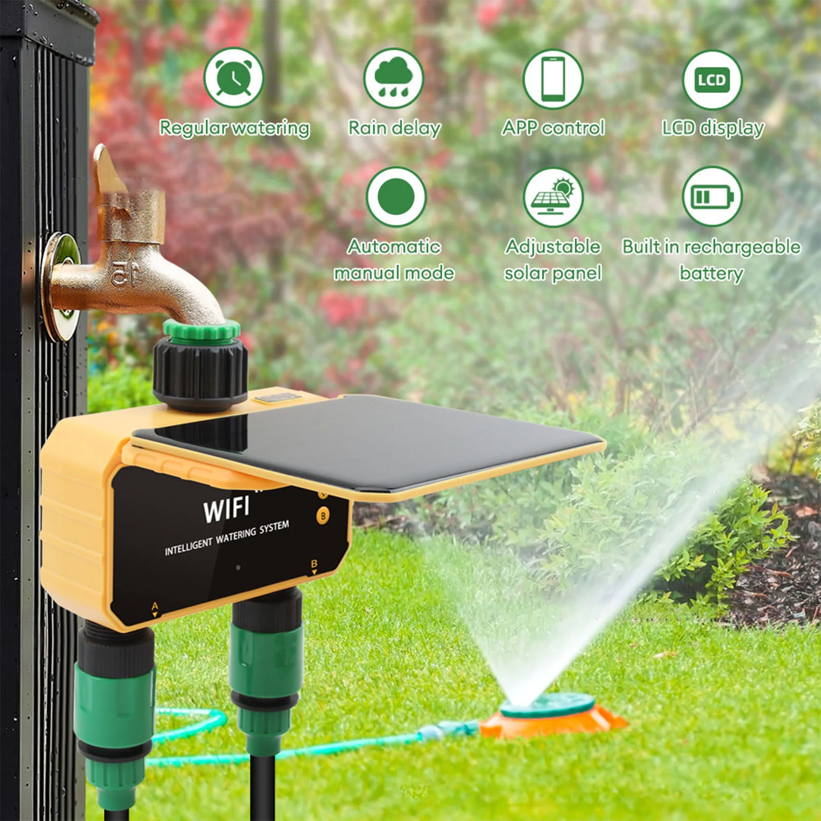 Smart Garden Watering - Solarbetriebener WLAN-Smart-Bewässerungstimer mit Regensensorfunktion, App-Steuerung, 2